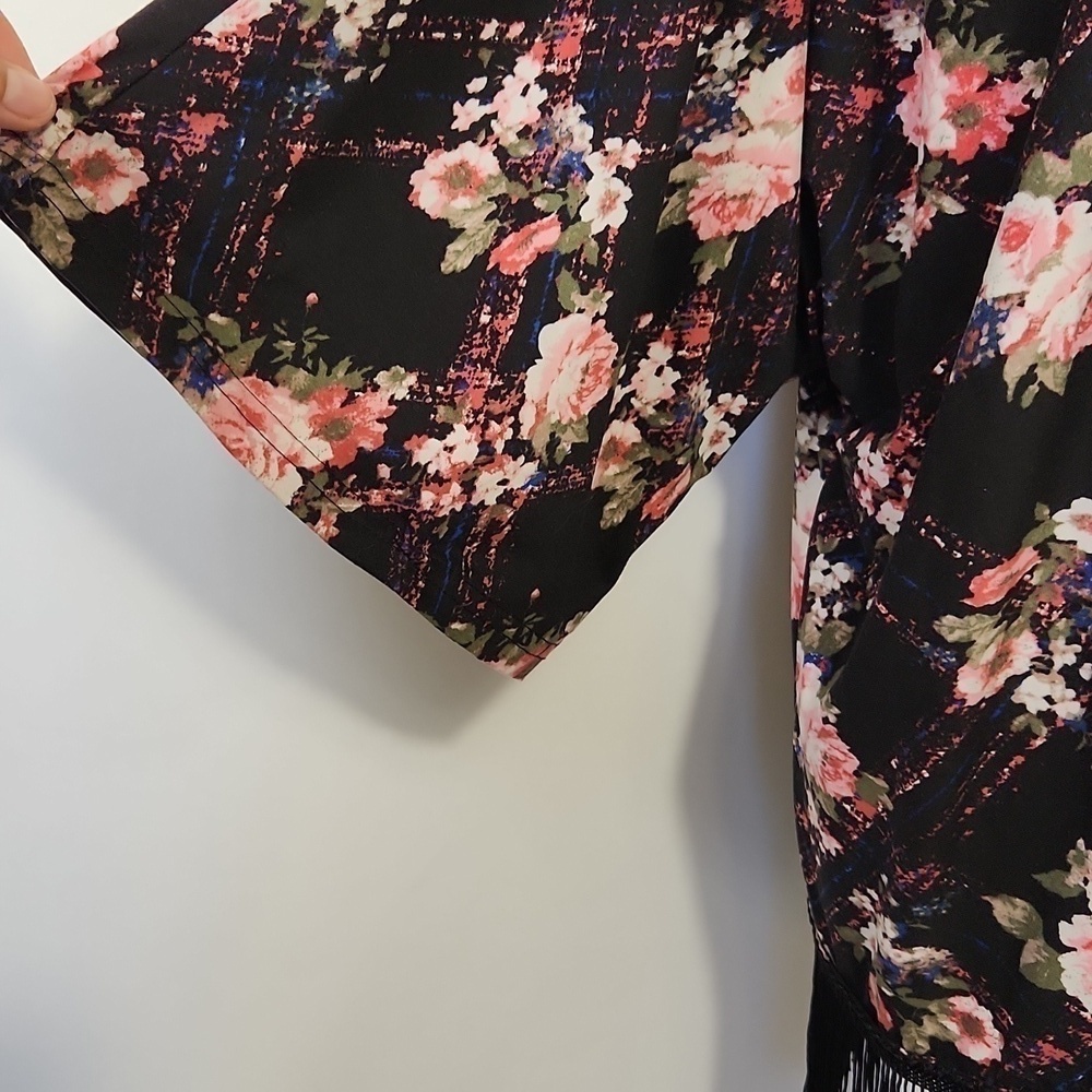 Women's Floral Print Fringe Hem Open Front Kimono Sleeve Shrug Cardigan Size L - Picture 8 of 9